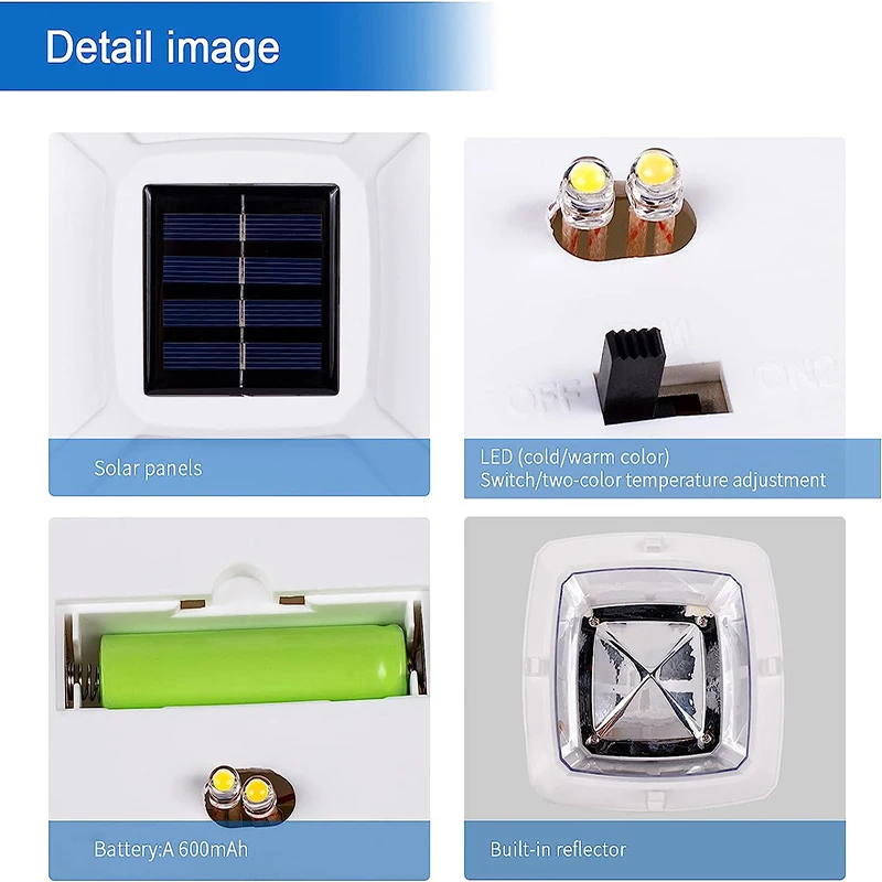 Luces solares para poste, iluminación LED para exteriores, cubierta, valla, tapa, luz, dos modos de luz, blanco cálido/blanco brillante adecuado