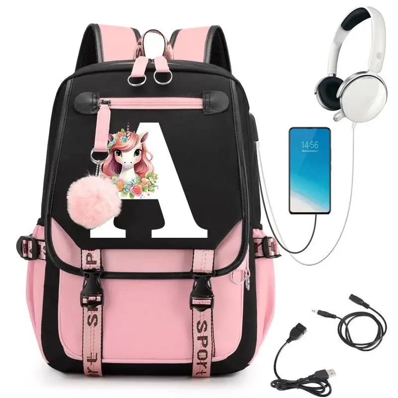 

Harajuku Fashion Unicorn Girl 26 Alphabet Student School Bags College Bag Zipper Travel Shoulders Women Backpack Aesthetic Bags