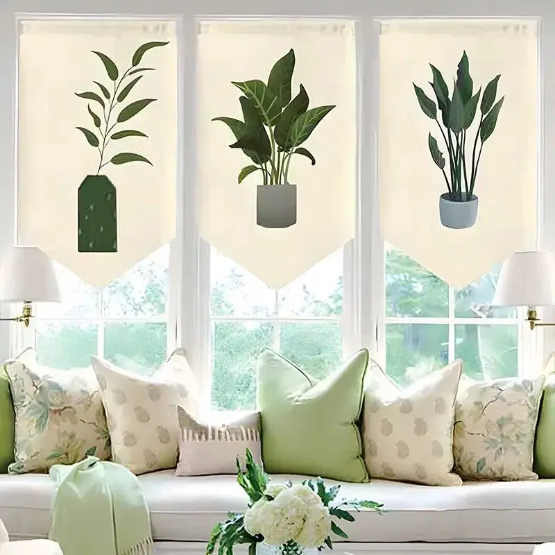 VIKAMA Green Plant Printing Triangle Hanging Flag Short Curtain Kitchen Bedroom Home Decoration Hanging Flag Curtain