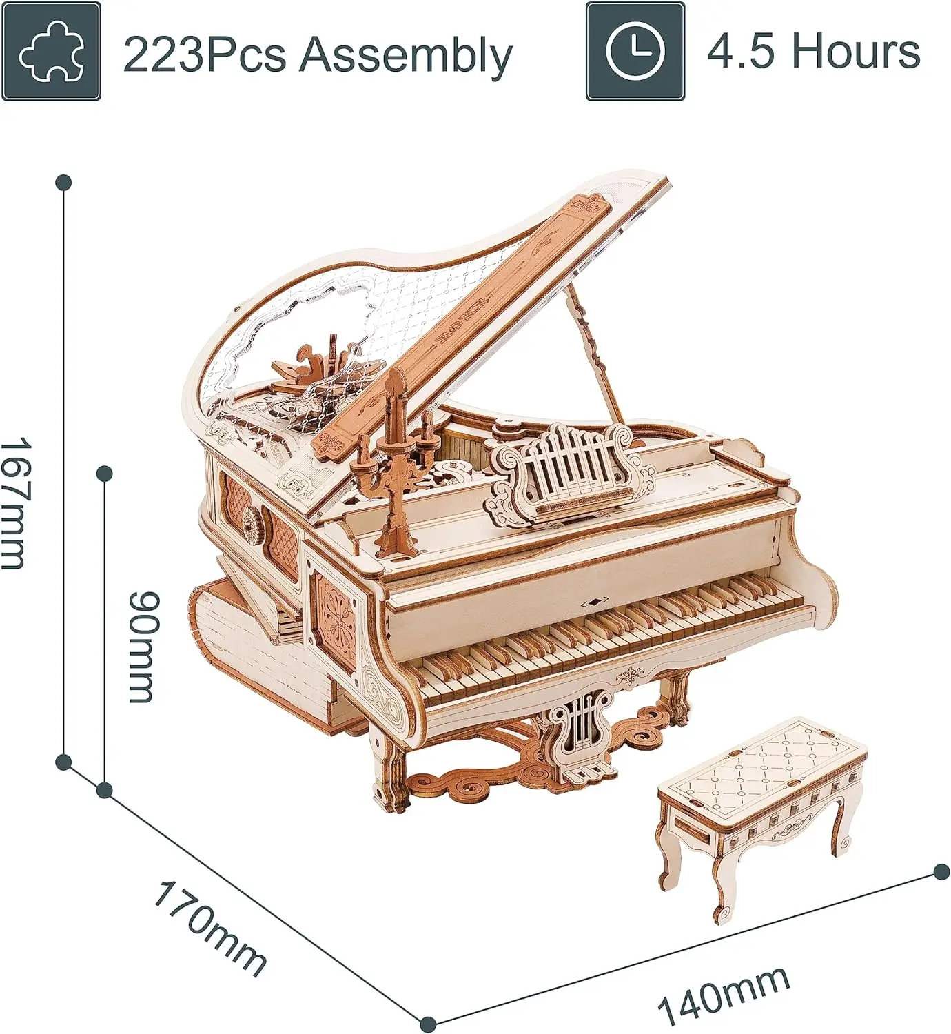 Robotime Rokr 3D Puzzle Wooden Models Construction Kits Mechanical Model Sets Music Box Magic Piano Style 223 Pieces for Adult