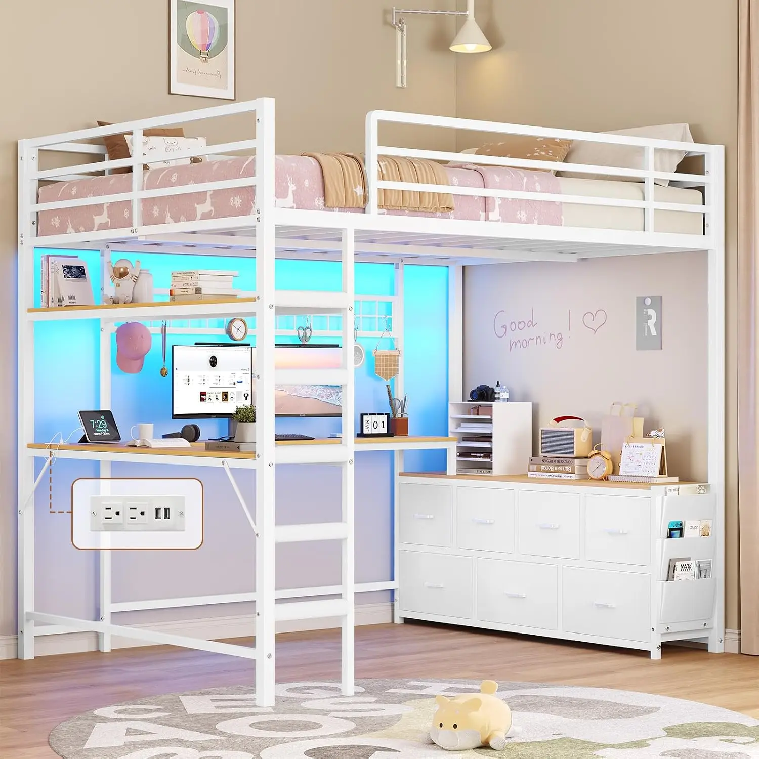 Loft Bed Full Size with U-Shaped Desk,7 Storage Drawers and Charging Station,Metal Full Loft Bed with Led Lights, Customized