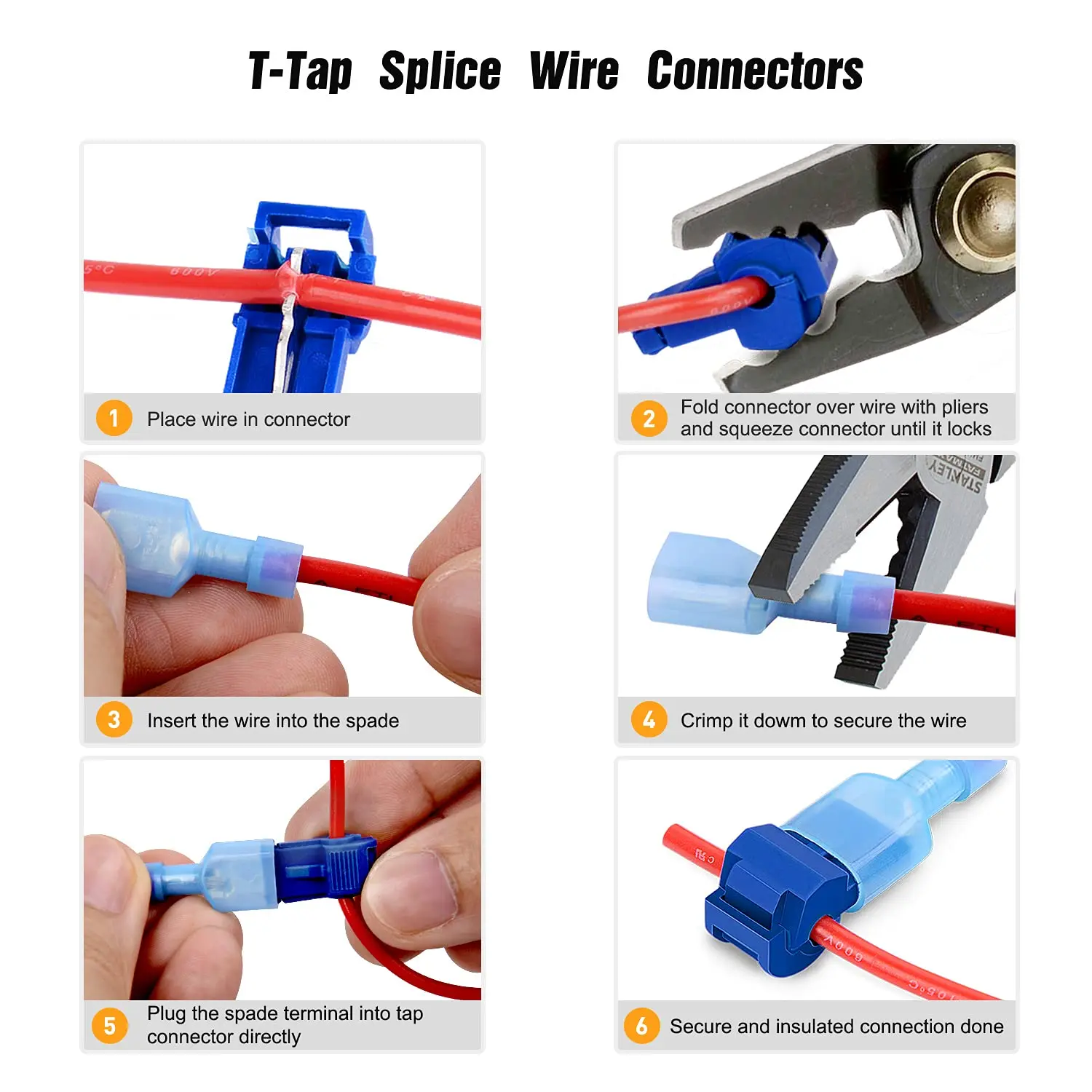 T-Tap Wire Connectors, Self-Stripping Quick Splice Electrical Wire Terminals, Insulated Male Quick Disconnect Spade Terminals