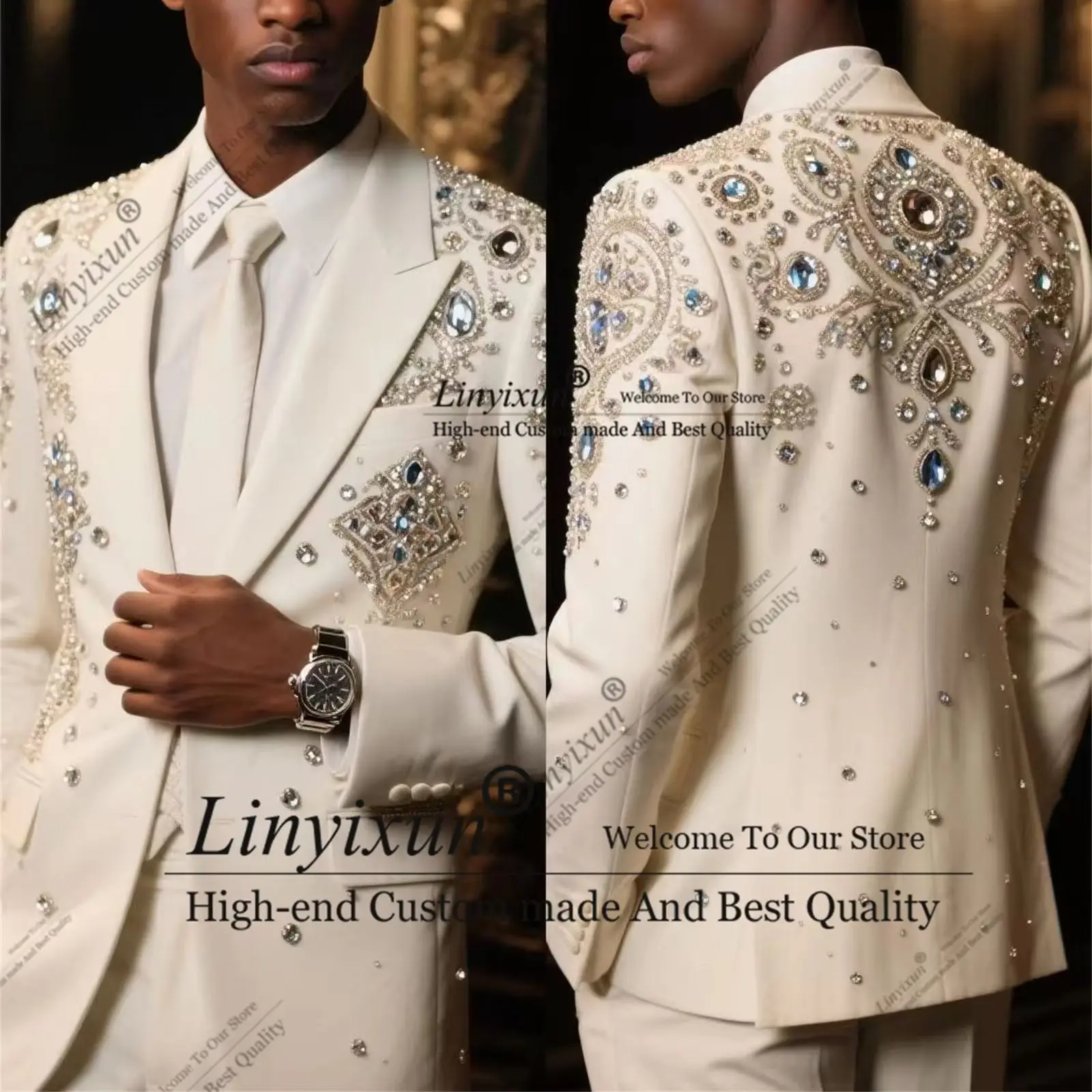 

Handsome Diamond Ornament Men Suit 2 Pieces Sets Groom Male Blazers Customized Wedding Tuxedos Shiny Slim Fit Ropa hombre
