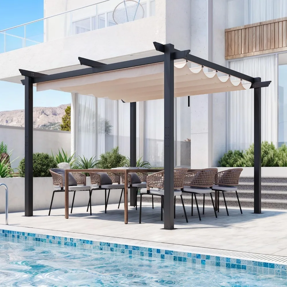

Retractable Pergola 10' x 10', Metal Freestanding Shelter with Adjustable Sun Shade Canopy for Patios, Beige