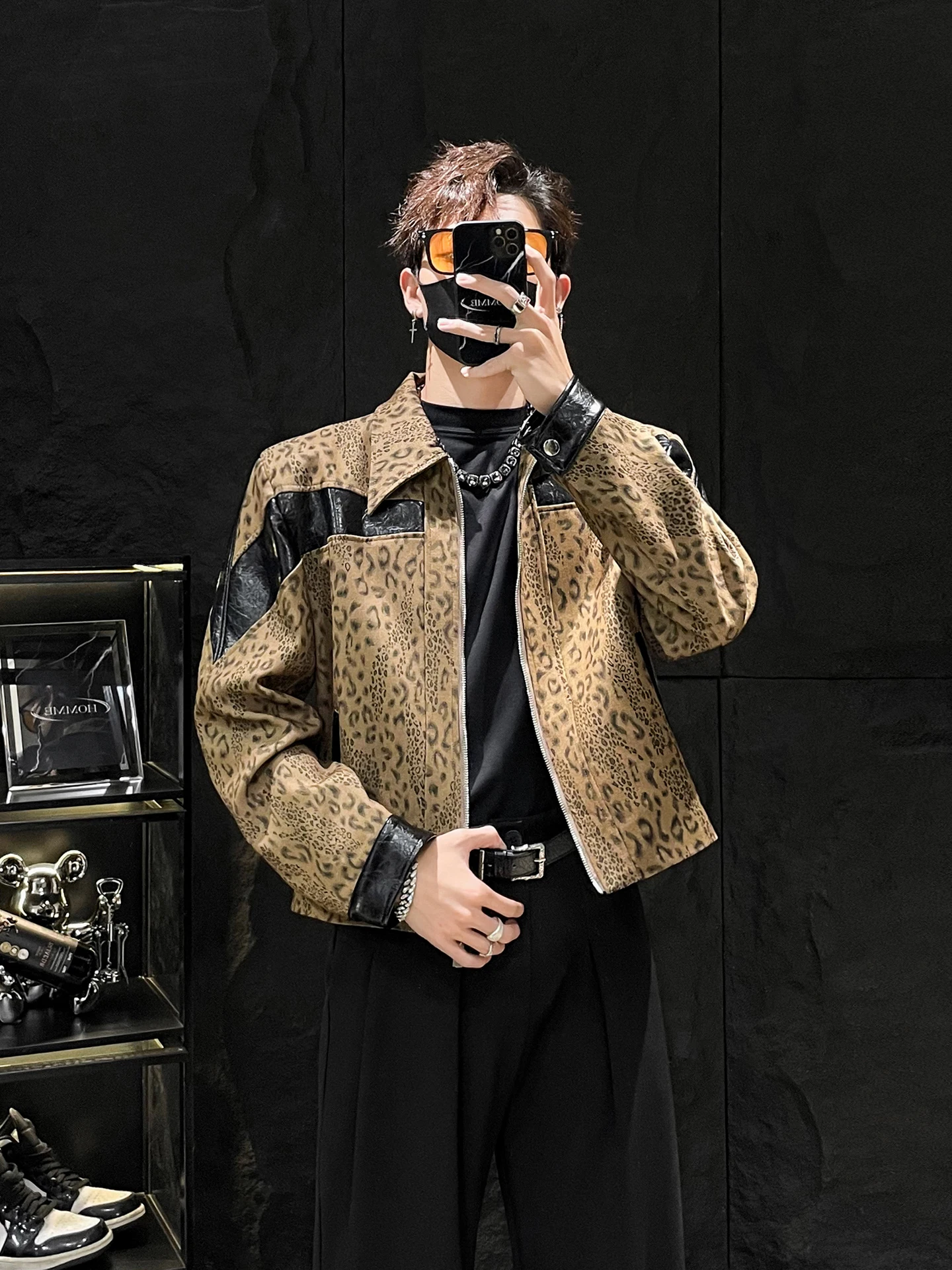 

New Homme Faionable Leopard Print ort Jaet Men's Autumn Winter Loose Fit Leather Patchwork Jaet Trendy And Sli