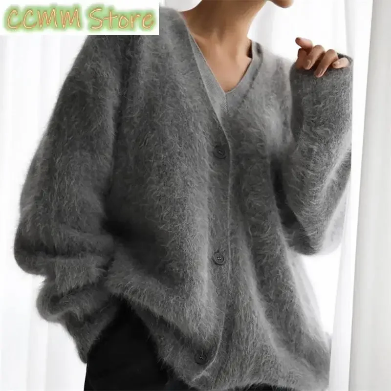 

New Europe And America Autumn Winter Lazy Loose Long-Sleeved V-Neck Sweater Coat Ladies Wool Knitted Sweater Cardigan