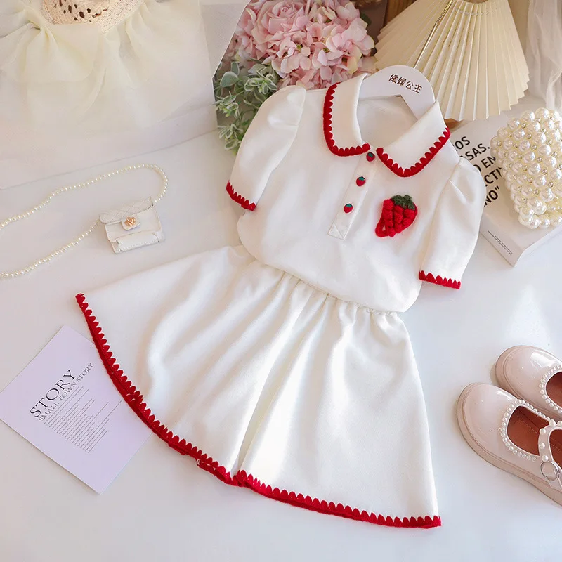 

Girls' Skirt Set Summer New Girl Strawberry Short-Sleeved Polo Shirt + Skirt Girl Baby Foreign Style Two-Piece Set Girl Clothes