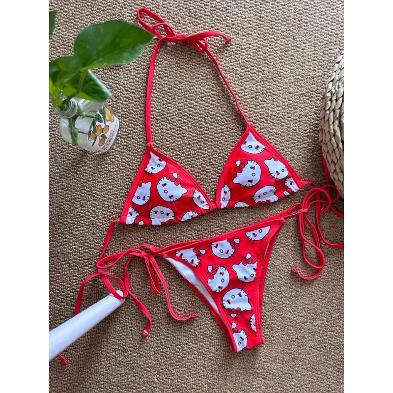 Hellokitty-Conjunto de Bikini con estampado para mujer, traje de baño Sexy, ropa de playa, lencería elástica, para vacaciones, 2024