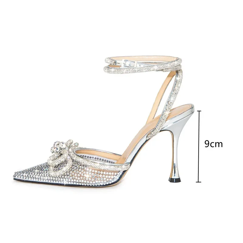 Brand Bling Bling Rhinestones Double Bowknot Women Pumps Sexy Ankle Strap Thin High Heels Mules Summer Wedding Bridal Shoes
