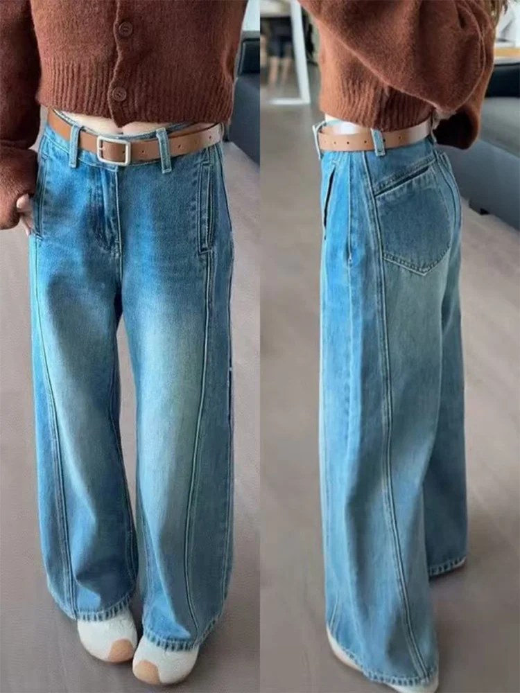 

Retro plus Size Blue Jeans Women Loose High Waist Straight Leg Wide Leg Pants Autumn Winter New Style Casual Comfortable Fit