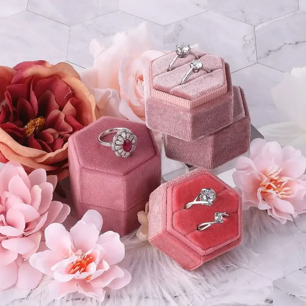 

New A Pair of Rings Jewelry Box Velvet Hexagon Ring Box Elegant Luxury Jewelry Display Packaging Anniversary
