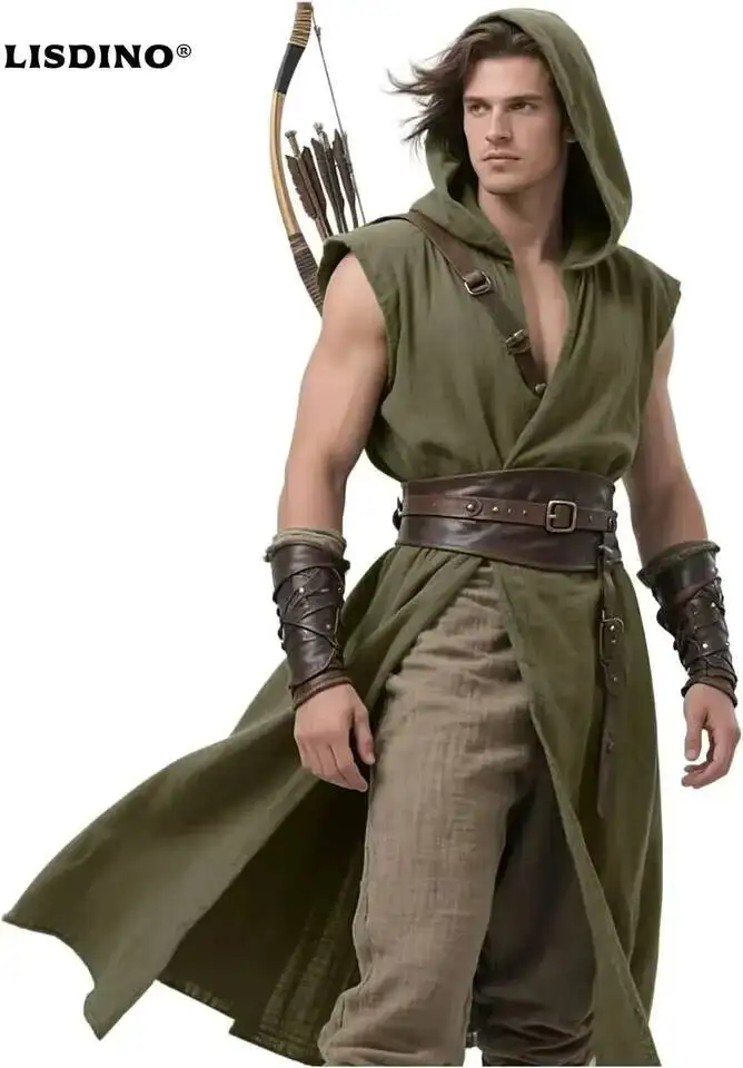 Men's Medieval Hooded Surcoat Renaissance Tabard Sleeveless Tunic Cloak Viking Costume Holloween Assassin Cosplay