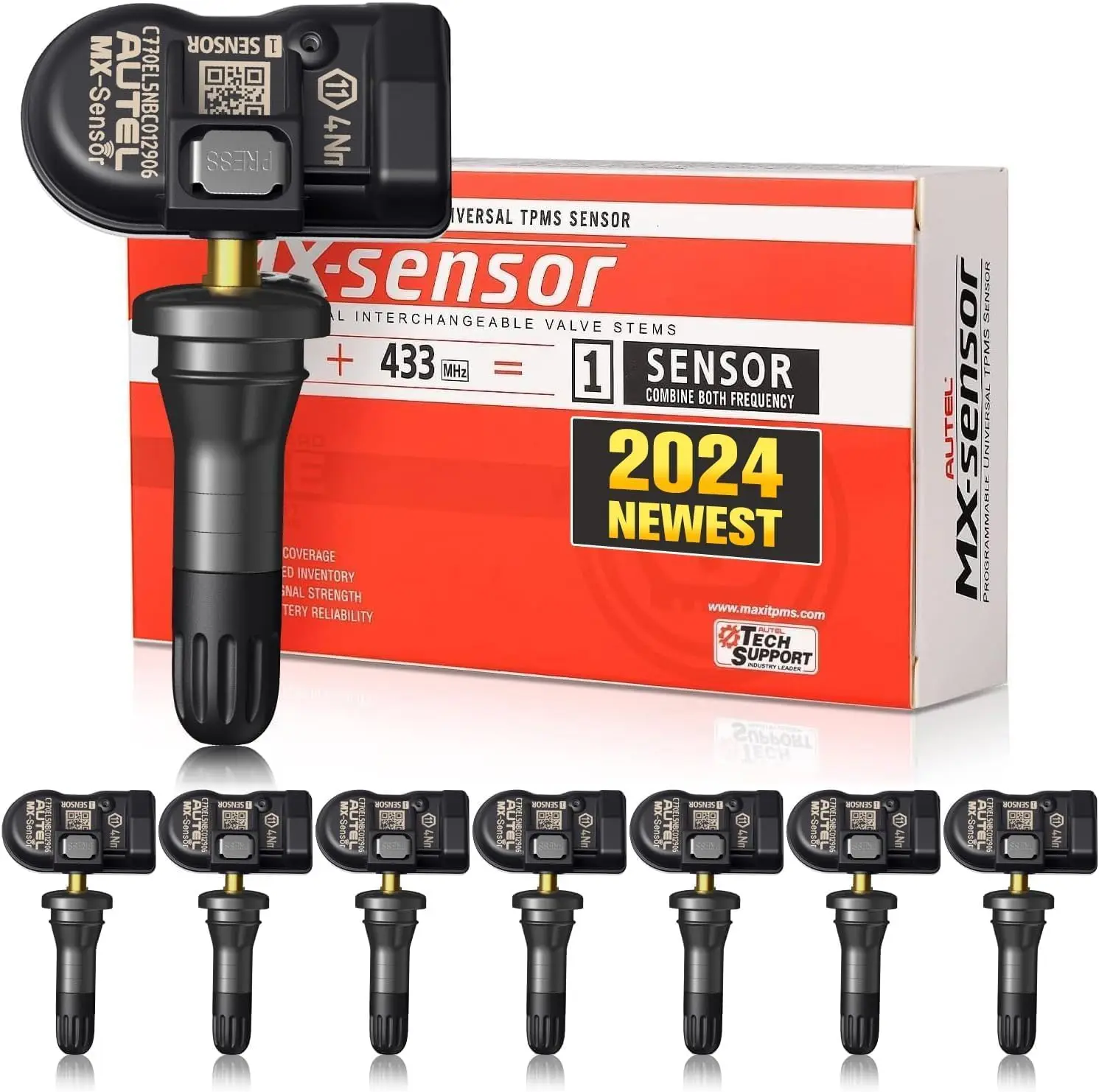 TPMS Sensor Set of 8, 315+433MHz 2in1 Universal Tire Sensor Replacement, 100% Cloneable,OEM Quality