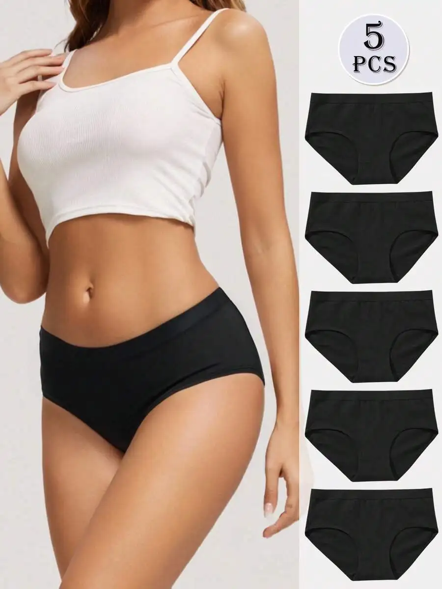 

5 Pcs Womens Cotton Briefs Soft Breathable Black Underwear Set