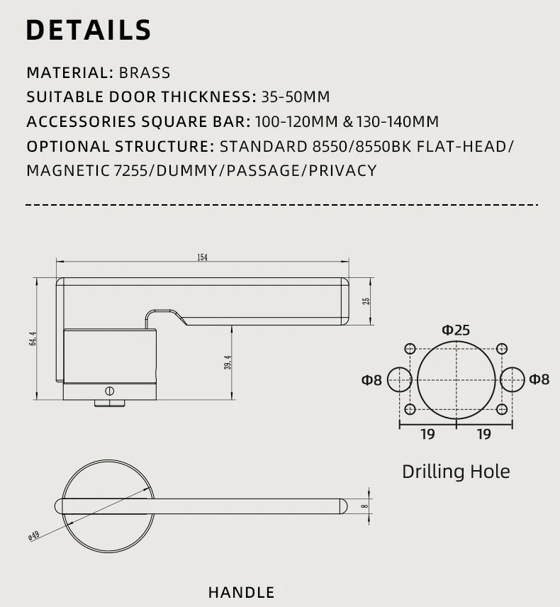 DOOROOM Luxus-Türschloss in Kamelfarbe mit Leder-Einlage, Matt-Nickel Stabförmiger Griff, Minimalistisches Innentür-Zubehör für Schlafzimmer – Detail 4