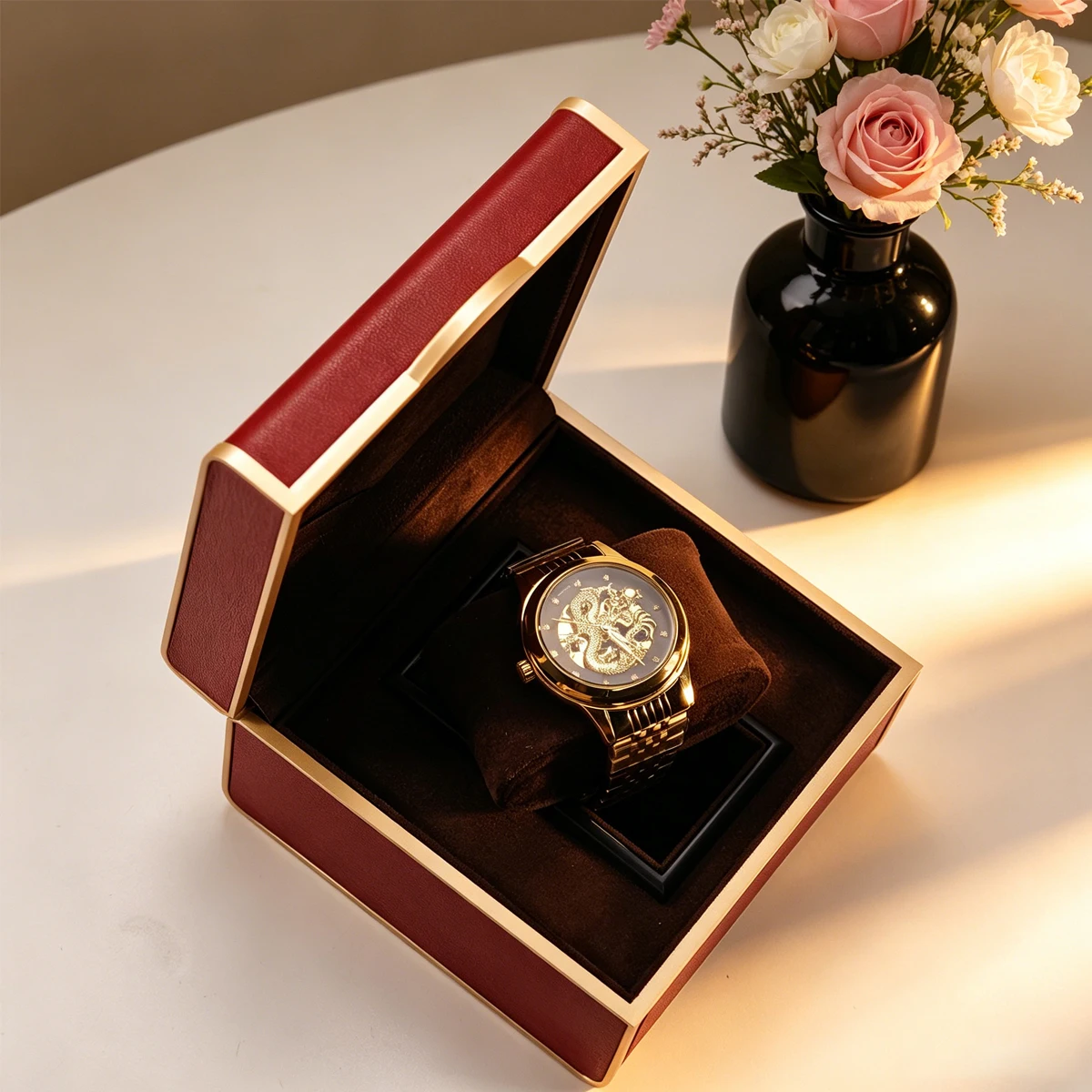 Gold Trim Jewelry Box Sturdy Flip Top Watch Case Pu Leather Watch Box Elegant Single Slot Storage Box For Desktop Display