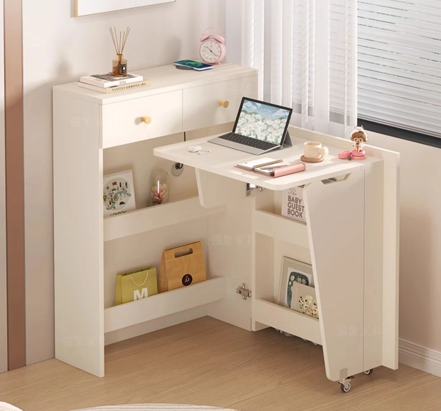 Hidden corner folding desk bookshelf integrated bedroom