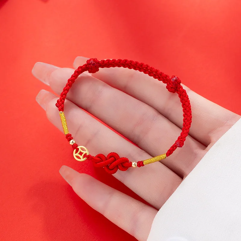 Fashion Hand Braided Lucky Knot Bracelet Copper Coin Bangle Women Men Red Rope Best Friends Lovers\' Gift Bracelet Accessory