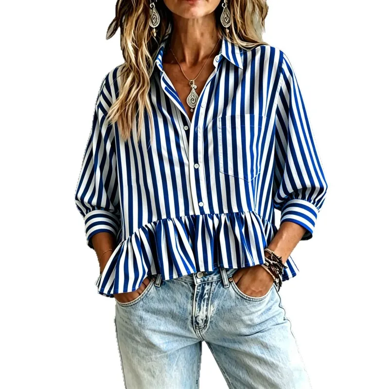 New Contrasting Color Striped Shirt for Women Three-quarter Sleeve Ruffled Top Short High-waisted Shirt That Shows Proportion