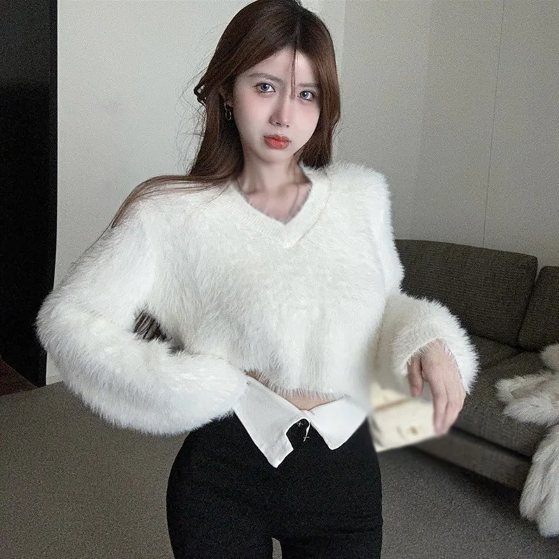 y2k Women Mink down Korean Sweater Autumn And Winter  Pullover Temperament  V-neck Tops