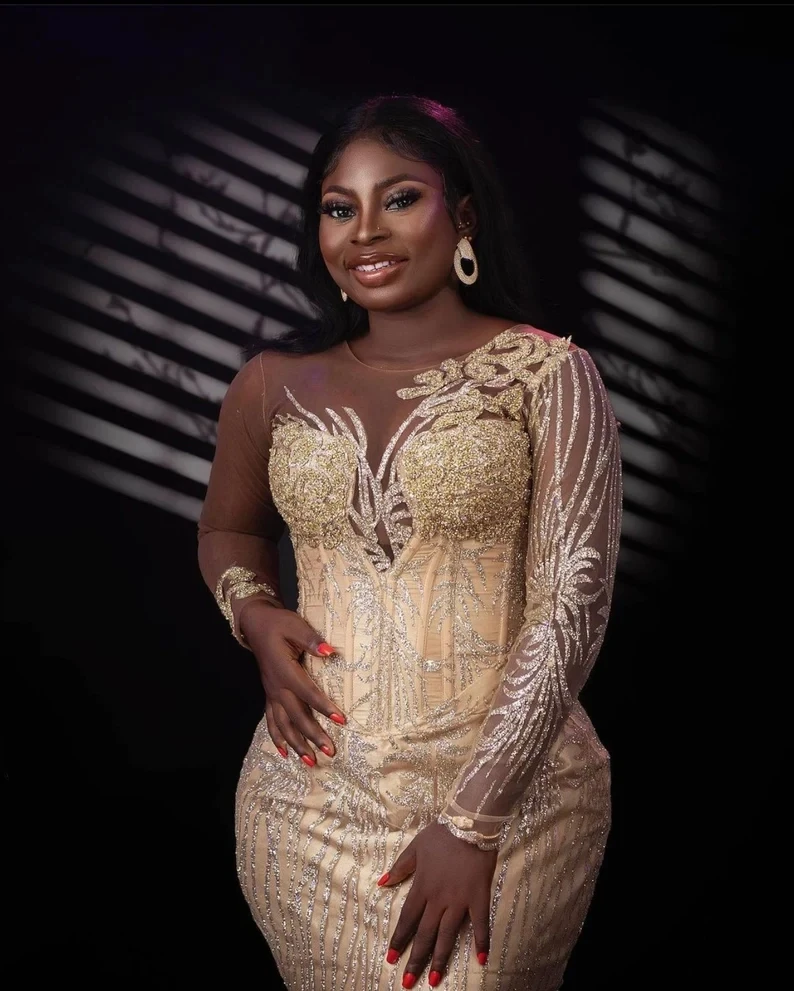 Customized Elegant Champagne Mermaid Sparkling Diamond Sparkling Women's Cocktail Party Dress Sexy Transparent Collar Ball Dress