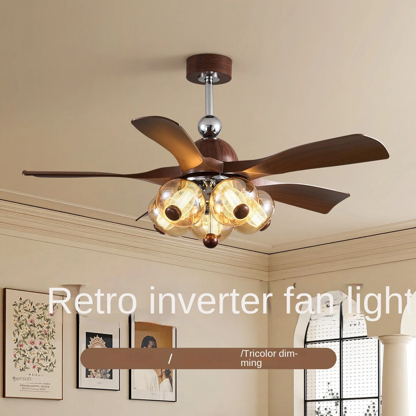 Walnut Color Lceiling Fan Light Chandelier Iving Room Dining Room Medieval Retro Study Bedroom