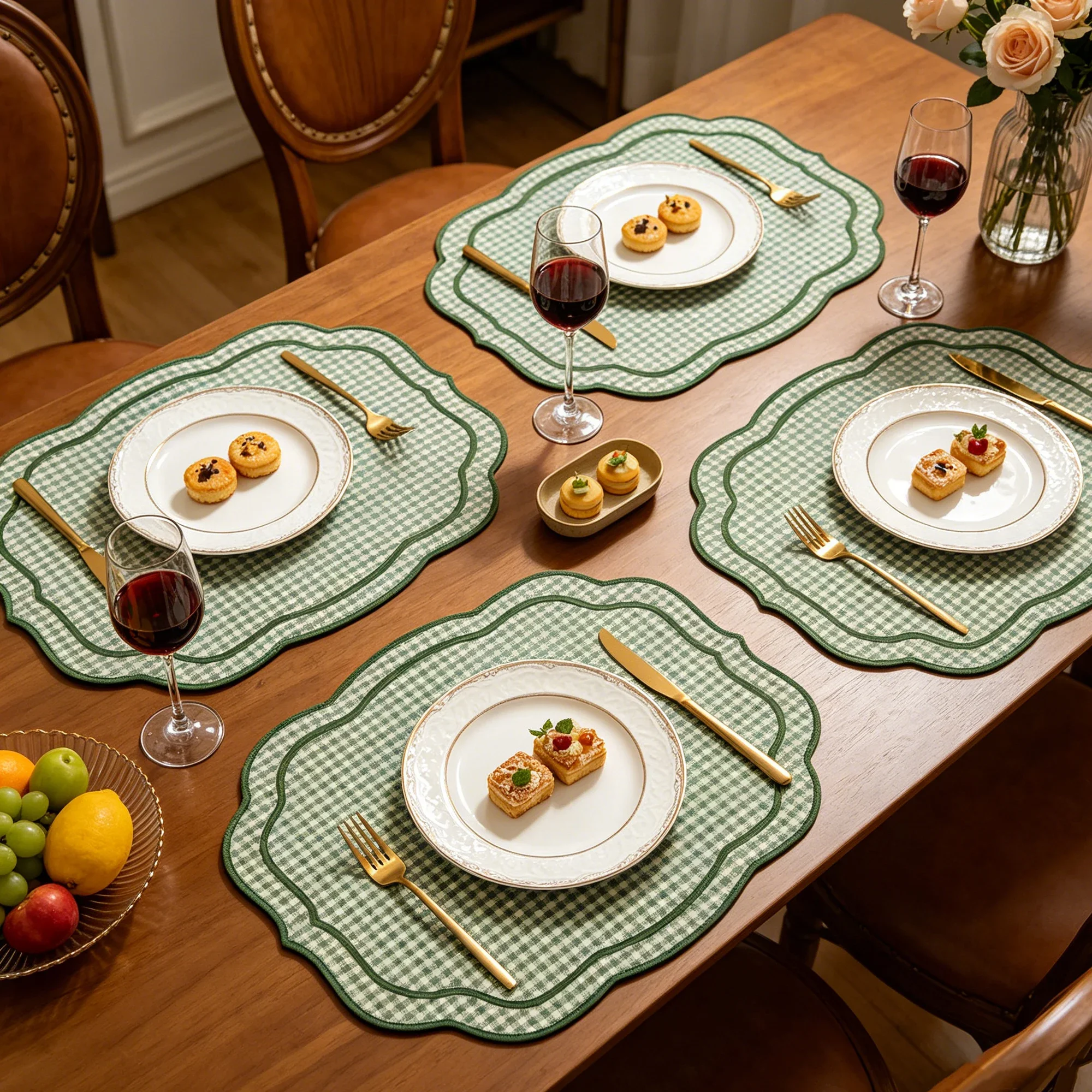 Gingham Placemats Set of 4, Double Layer Embroidered Scalloped Edge Table Mats
