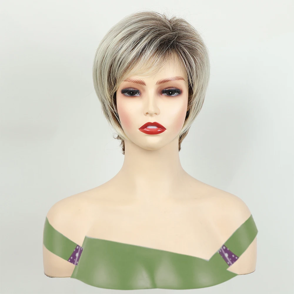 MSWIGS Parrucche da donna a taglio corto Parrucca sintetica bionda con frangia Capelli afro bicolore resistenti al calore marroni Ombre per donna