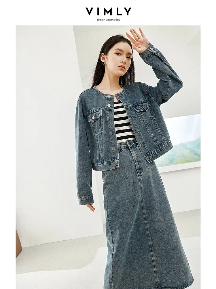 Vimly Denim Two Piece Sets Woman O-neck Long Sleeve Cropped Jeans Jacket Split Midi Skirt 2023 Autumn Casual Matching Sets 72707