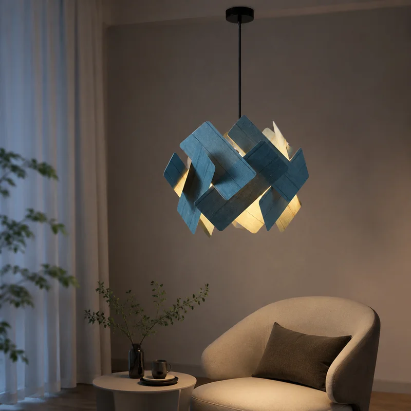 Nordic Modern Minimalist Geometric Wood Interlocking Panels Sculptural Hanging Fixture Indoor Dining Room Bedroom Pendant Lamp