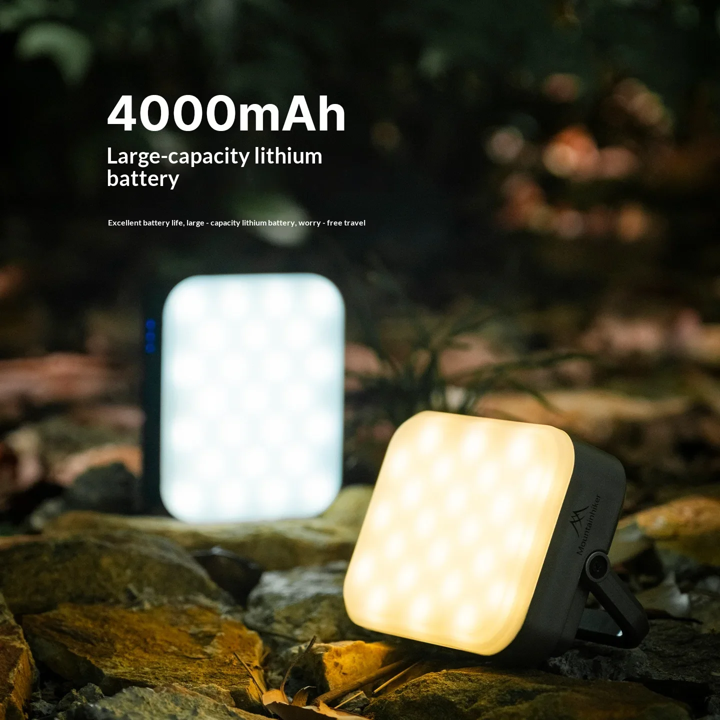 Square camping light with 4 adjustable lighting modes: tent light, ambiance light. Suitable for hiking and backpacking trips.