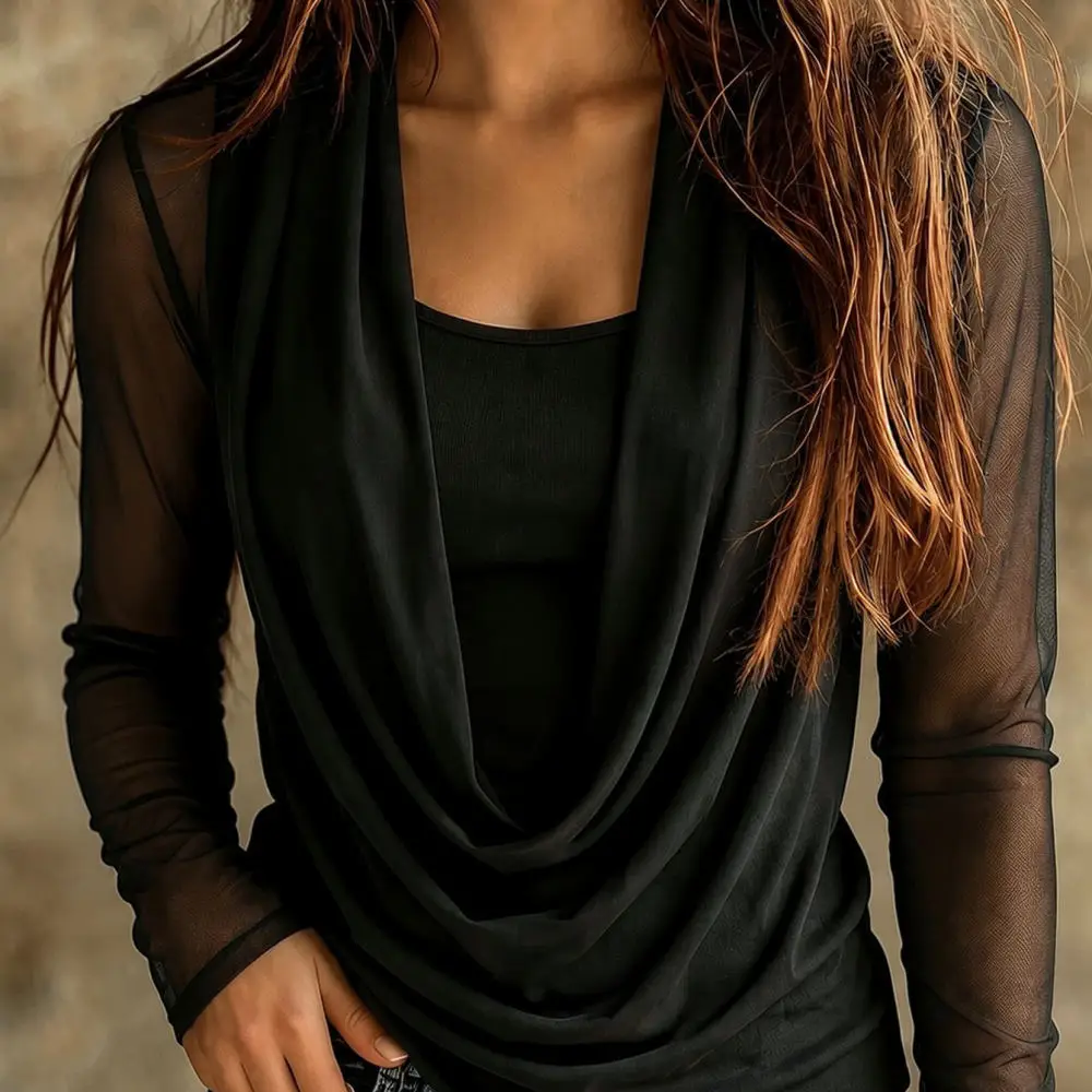 Long Sleeve Mesh Blouse With Camisole Set Fashion Elegant Mock Neck Shirt Office Wear Women Autumn Street Style Black