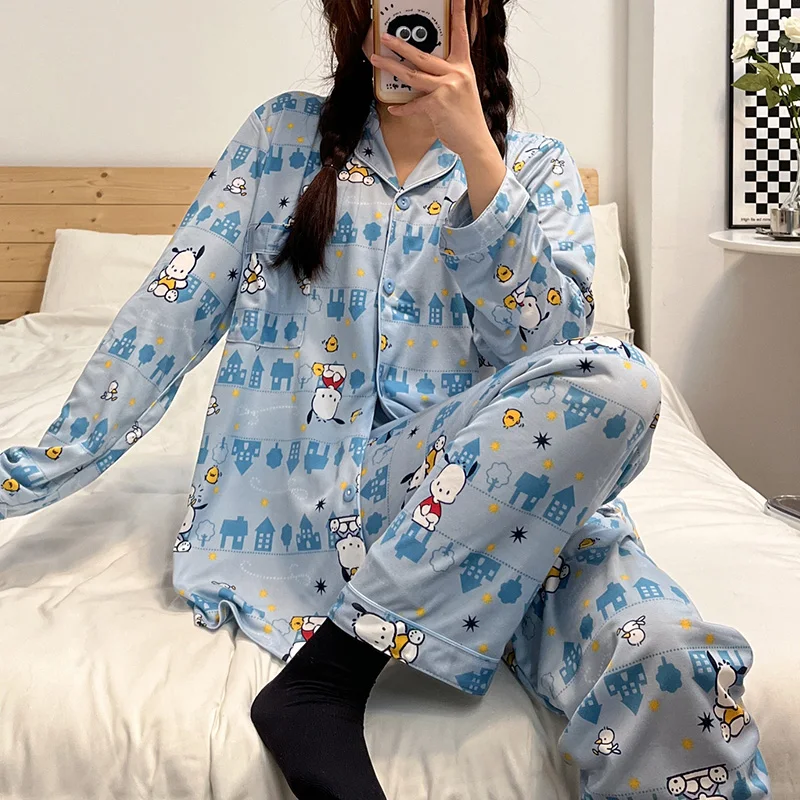 Pochacco Pajama Set Kawaii Hello Kittys Sanrios Anime Cartoon Cinnamoroll Spring Autumn Long Sleeves Student Home Wear Nightwear