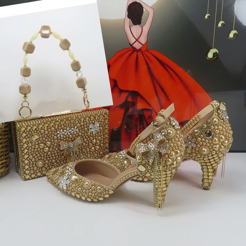 BaoYaFang Champagne Gold Crystal Bridal wedding shoes and Bag Pointed Toe Female Party Shoes Fashion Ankle Strap High Pumps