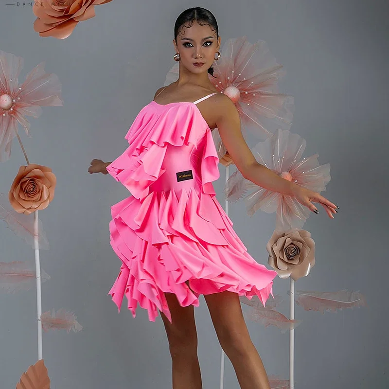 여성 핑크 블랙 라틴 원피스 볼룸 댄스 대회, 원피스 무도회 원피스, 오픈 백 러플 라틴 댄스