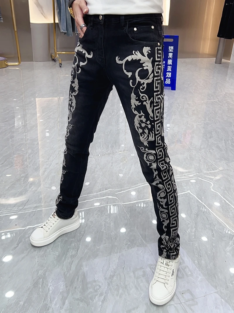 

Men's Printed Slim Fit Jeans Elastic Casual Black Long Pants Autumn New Style Fashionable Personality Youth Water Washed