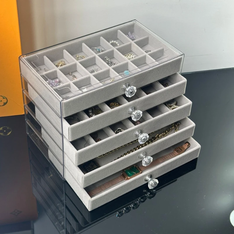 High-end 5-Layer Drawer Velvet Jewelry Box, Desktop Acrylic Multi-grid Jewelry Organizer