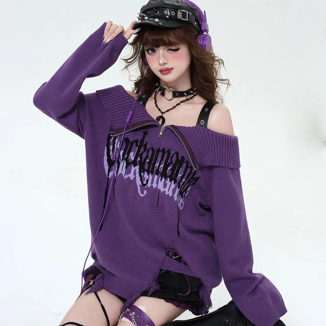 Onalippa Japanese Crazygirl Gothic Original Light Asian Black Purple Off Shoulder Collar Design Sweater Autumn Winter Y2K Top