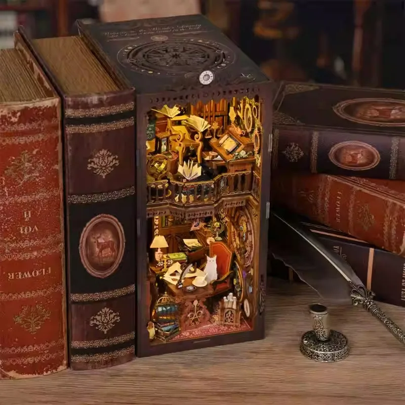 Magic Time Library Book Nook DIY Dollhouse, Wooden Assembly Model with LED Light, Vintage Magic Book Ornament