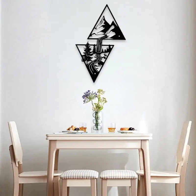 Q6PE Minimalists Mountain และน้ำตก Wall Decor Metal Wall Art ผนังสีดำป้าย