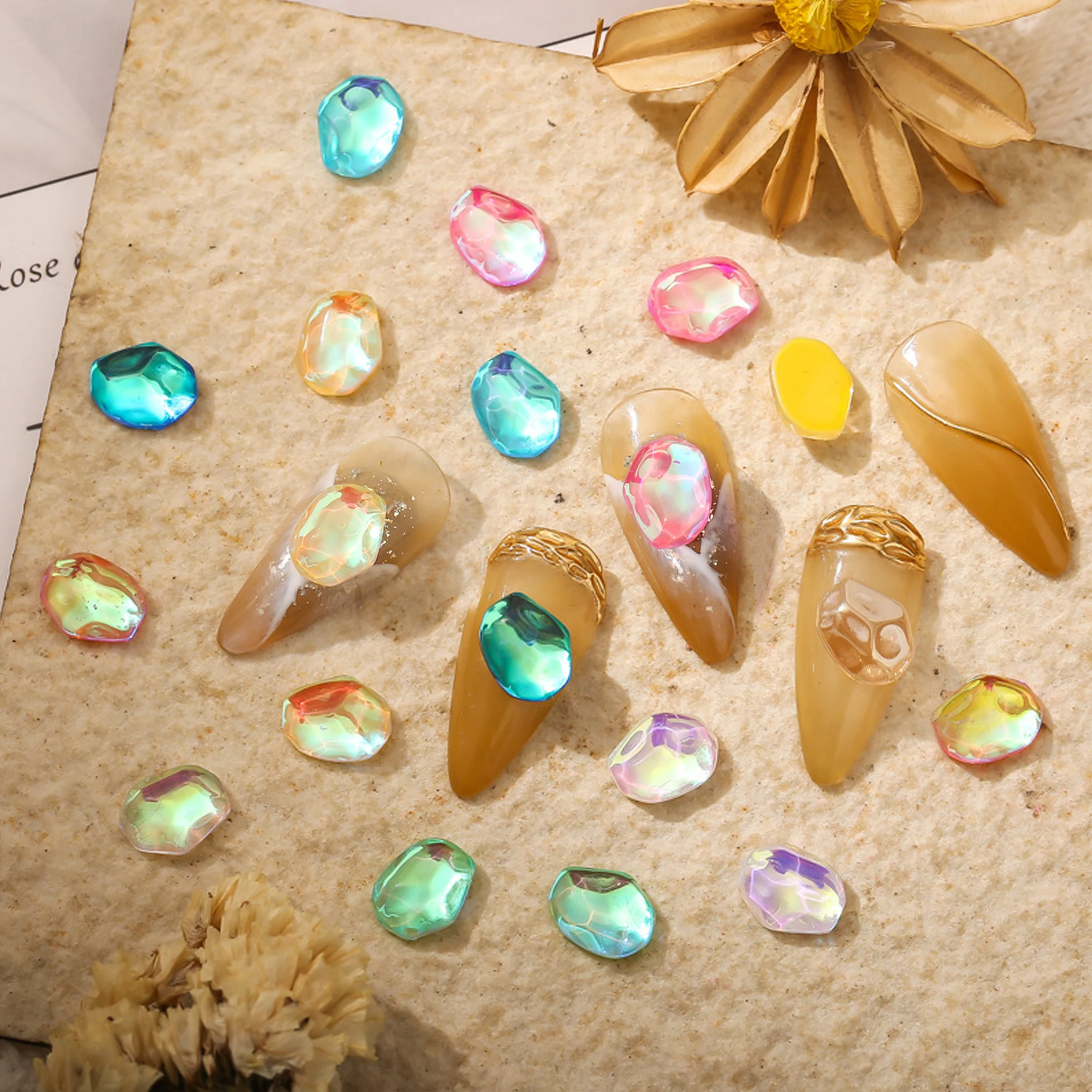 20 szt. Ozdoby do paznokci, szklane diamenty, nieregularne kryształki, blok lodu, powłoka AB Aurora, laserowe naklejki jubilerskie Mocha Bean