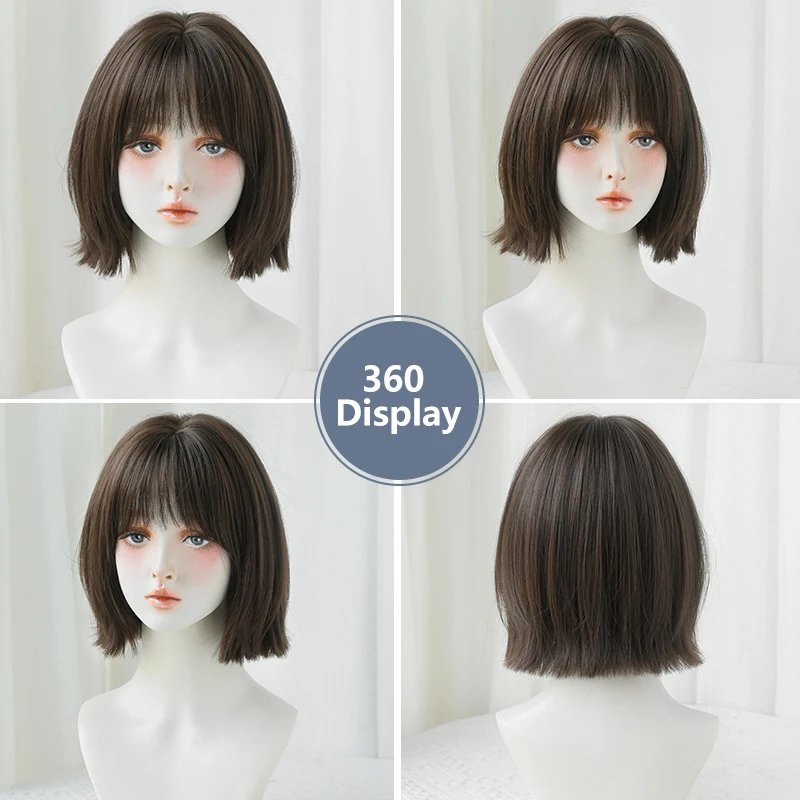 7JHH WIGS Routine Wig Synthetic Layered Dark Brown Bob Wig for Women Daily Use High Density Short Straight Wigs with Bangs