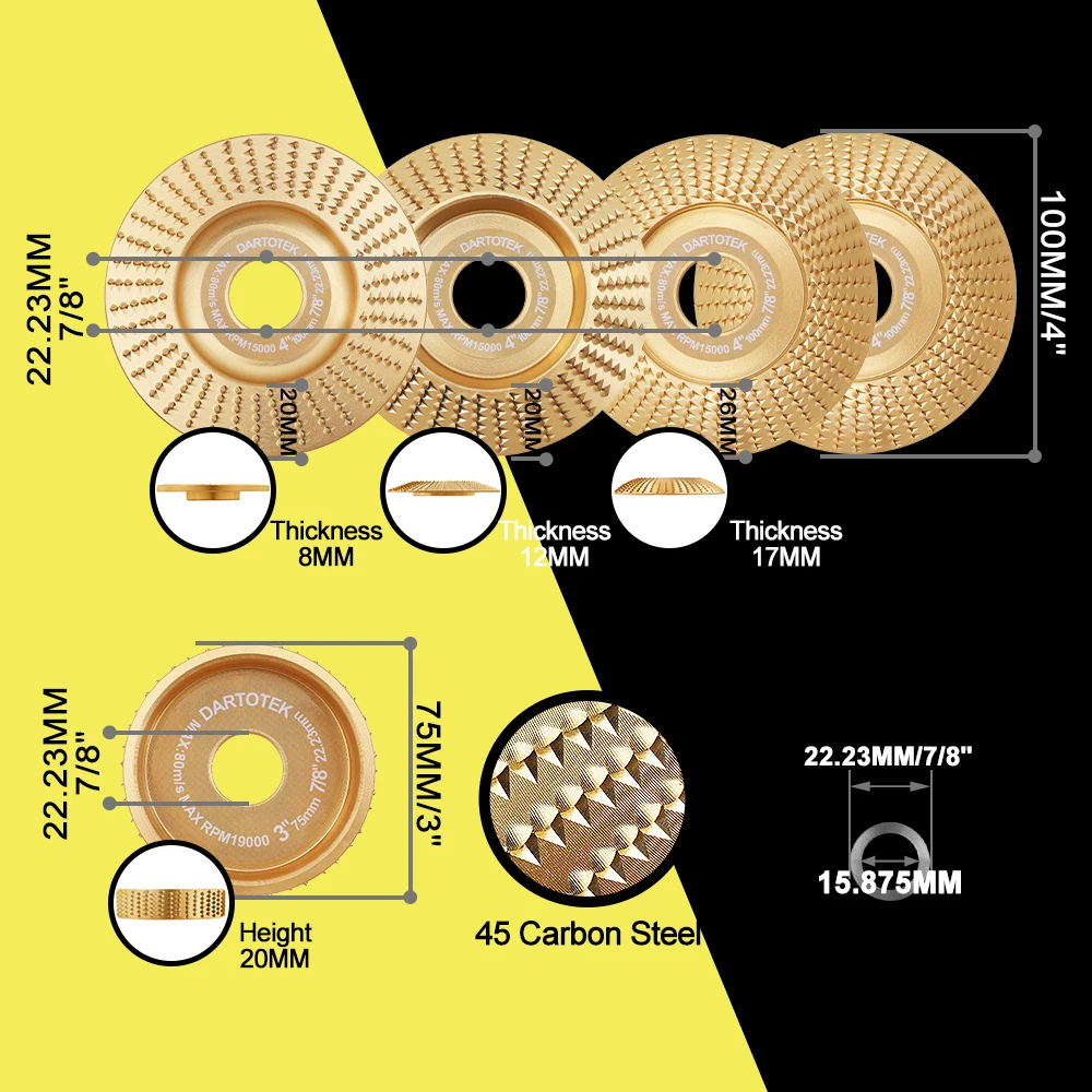 DARTOTEK Set di dischi per modellare la mola Taglio del legno Rettifica Modellatura Disco per scolpire Strumento per disco per intaglio del legno per smerigliatrice angolare