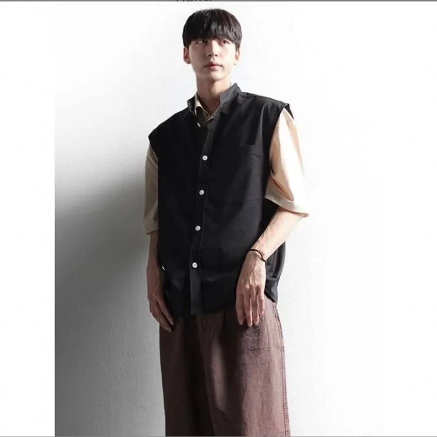 Spring New Men Plus Size Stand Collar Solid Color Vest Coat Male Fashion Everything Sleeveless Jacket Tide Loose Shirt Vests Top