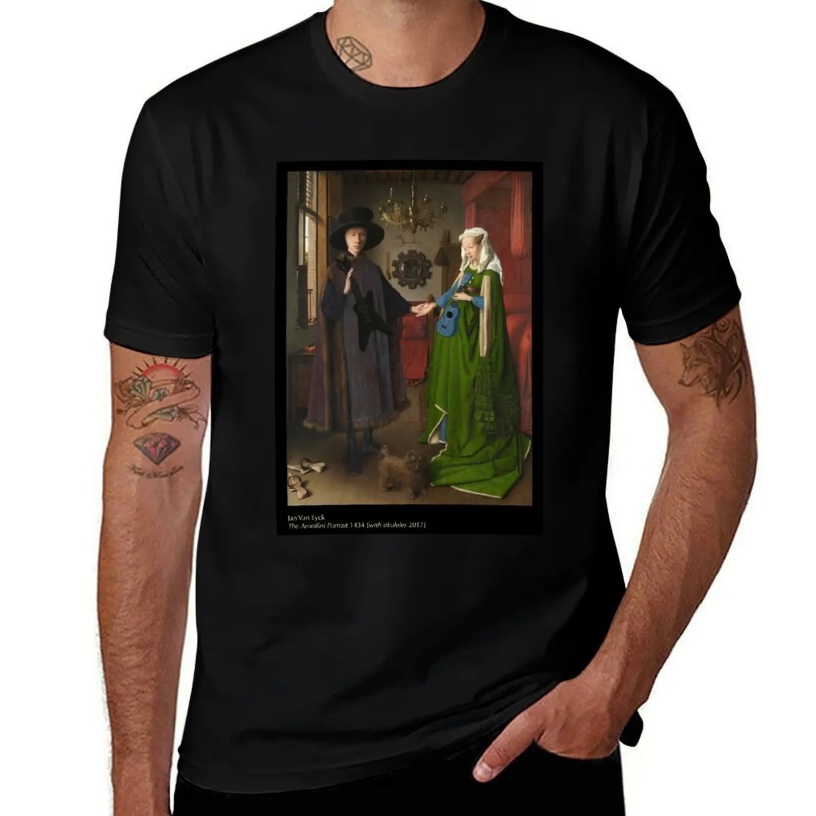 

The Arnolfini Portrait [with ukuleles] T-Shirt black cotton t-shirt plain for man package t shirt man casual T-Shirt