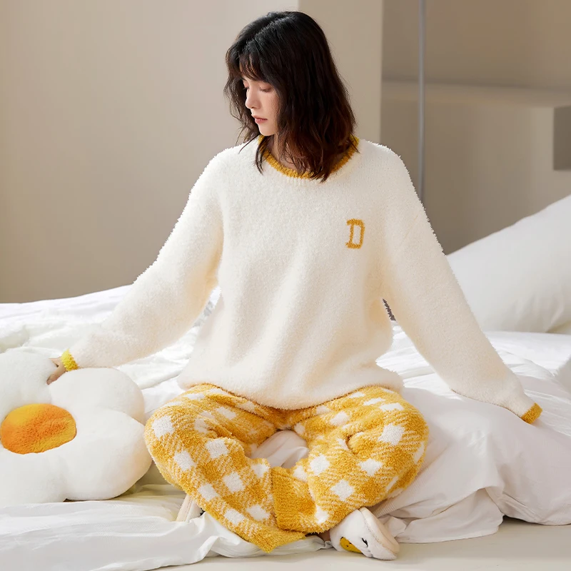 High Quality Fashion Winter Women Pajama Set Warm Flannel Sleepwear Long Sleeve Solid Nightwear