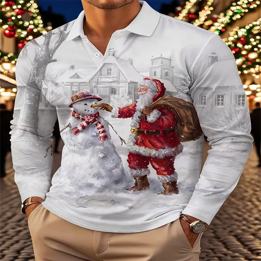 Men Christmas Long Sleeve Polo Shirt Santa Snowman Winter Scene 3D Print Lapel Xmas Holiday Casual Tops