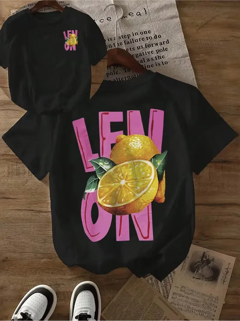 Vibrant Lemon Citrus & Letter Print Women’s T-Shirt , Front & Back Design, Casual Crew Neck Short Sleeve,Preppy Fruit Summer Tee