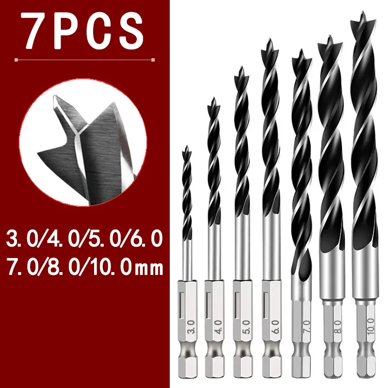 Hexagonal shank three-point woodworking drill bit perforating support drill electric drill rotary head wood plank hole special