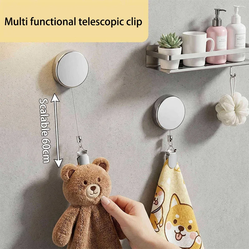 4cm Metal Automatic Retractable Towel Rack Easy-pull Buckle Wire Rope Anti-lost Towel Clip Punch-free Wall Hanging Towel Holder
